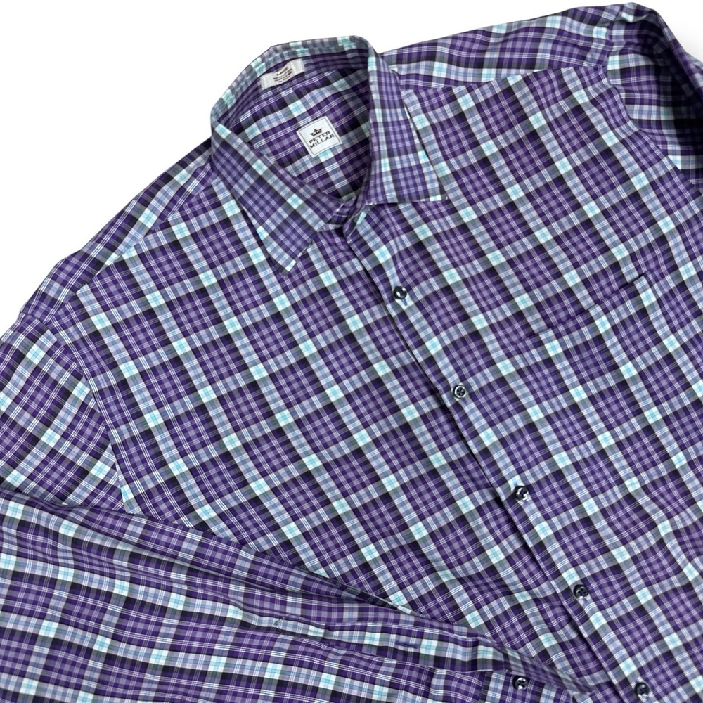 Peter Millar Shirt Mens Size L Purple Tartan Plaid Soft Crown Sport Cotton